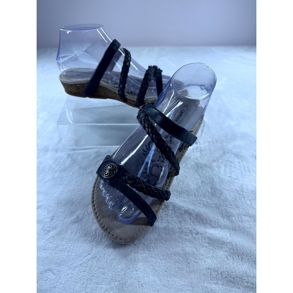 Aetrex Josie Braided Flat Sandals Women 6 Black Leather Slip-On Open Toe Comfort